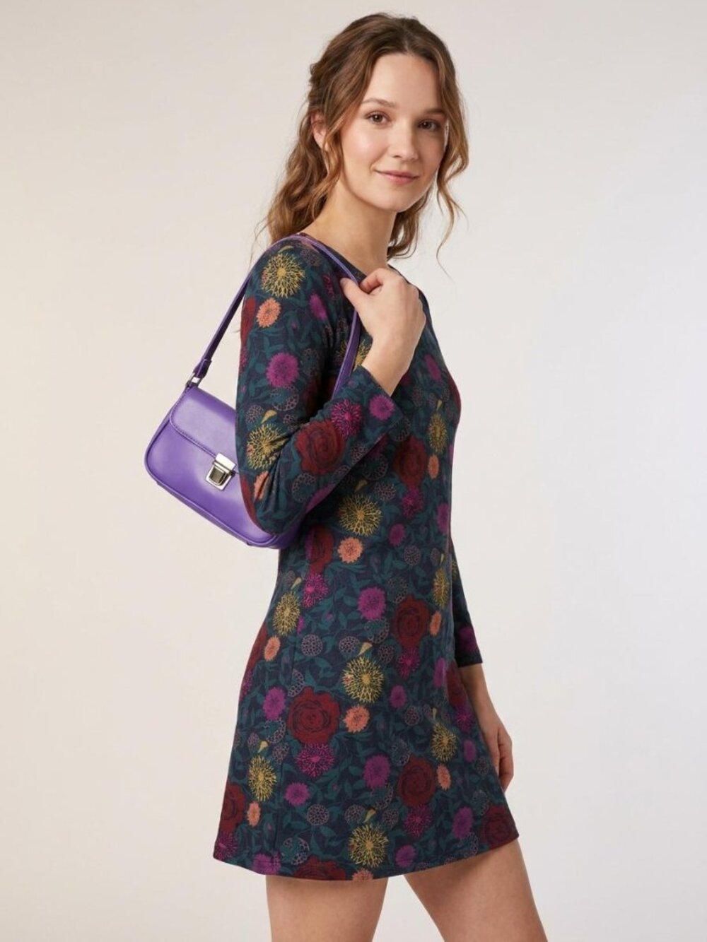 American Apparel Floral Long Sleeve Boatneck Mini Dress